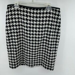 Talbots Black White Houndstooth Wool Blend Pencil Skirt Faux Leather Trim 16